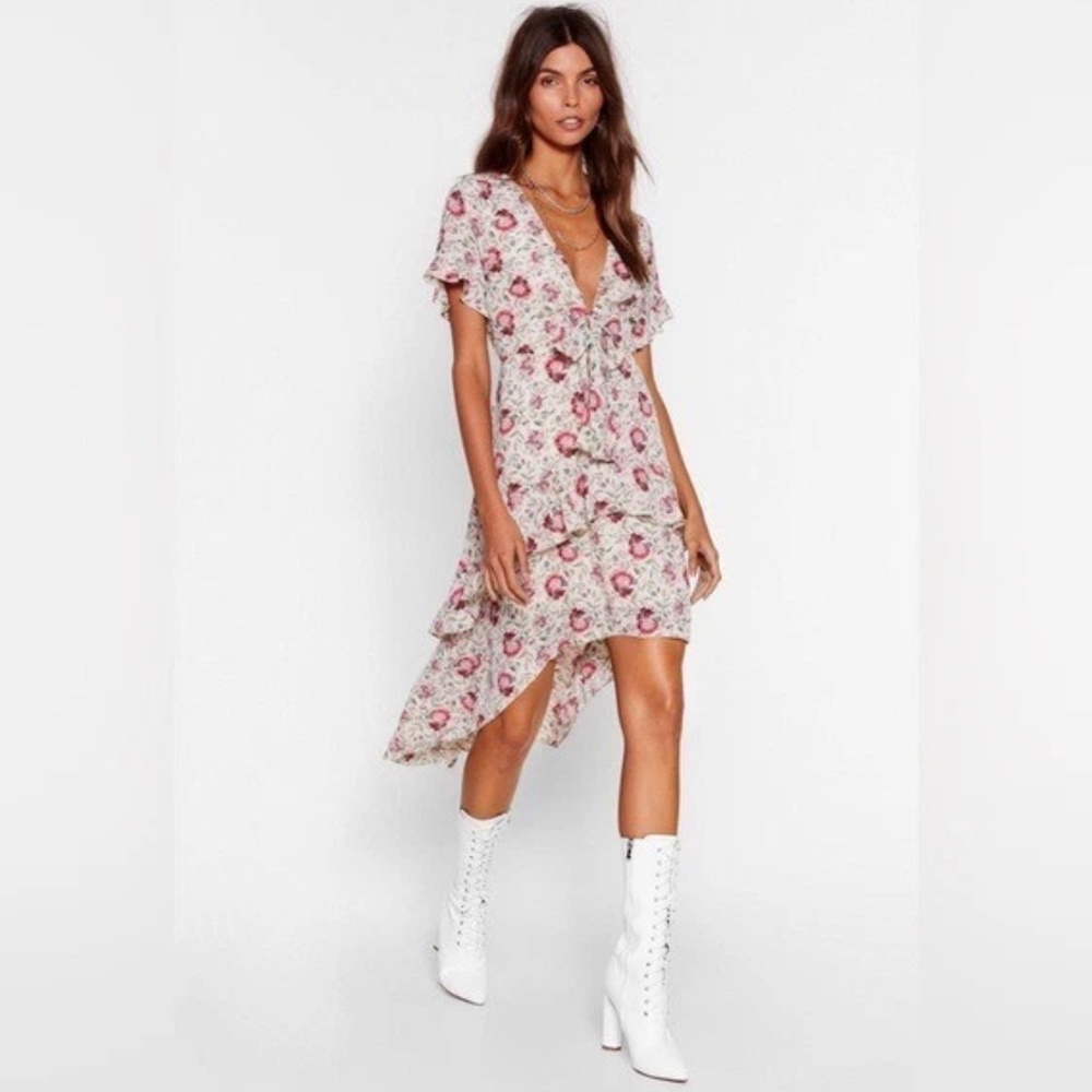 Nasty Gal Floral High Low Midi Dress Flutter Sleeve Boho Fairy Whimsy Y2K